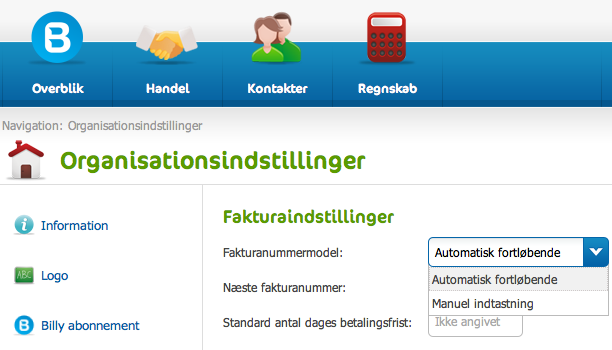 Billy Regnskabsprogram og organisationsindstillinger